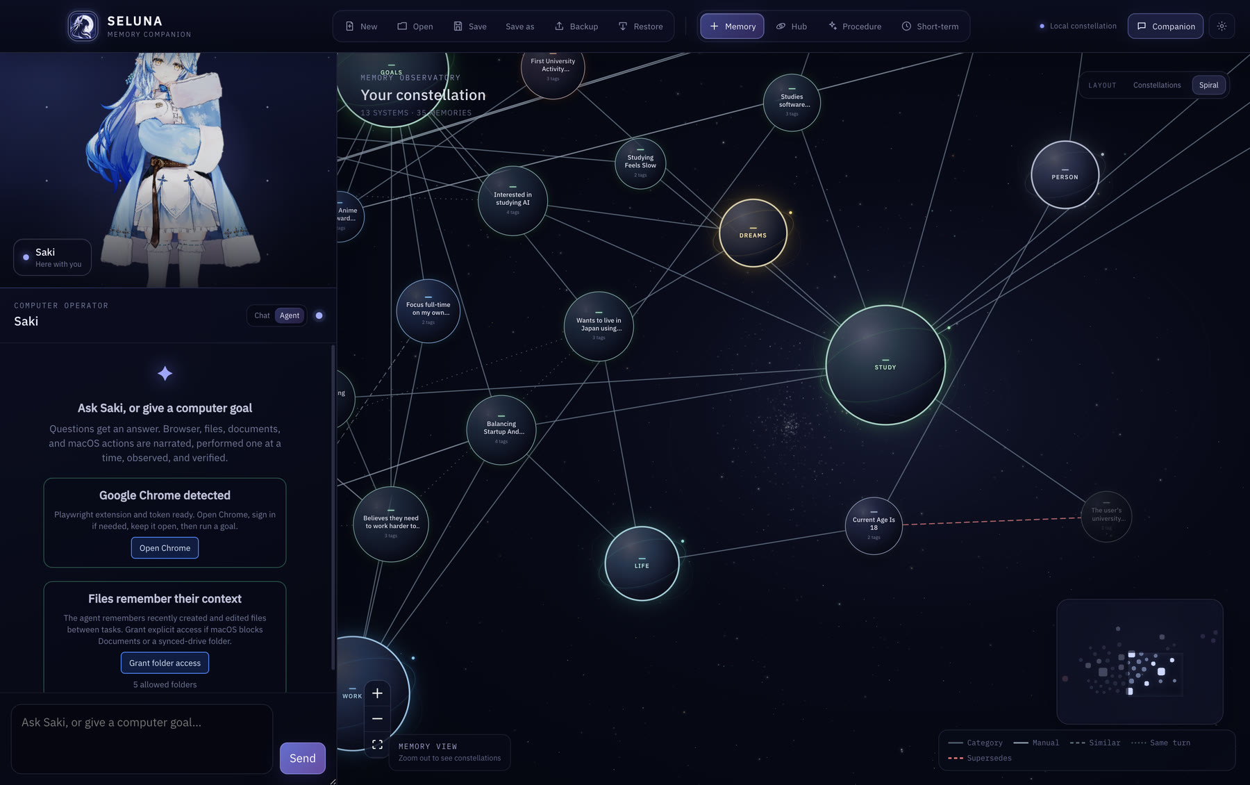 Seluna memory interface showing connected memories as a constellation